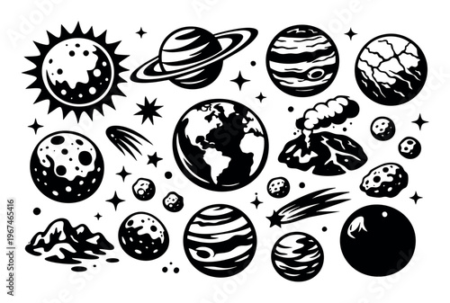 Collection of astronomical elements including Earth, Saturn, Mercury, Jupiter, Moon, Mars, Sun, asteroids, and stars