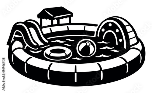 Inflatable water park showing a pool with slides, a beach ball, and a swim ring for summer aquatic fun illustration
