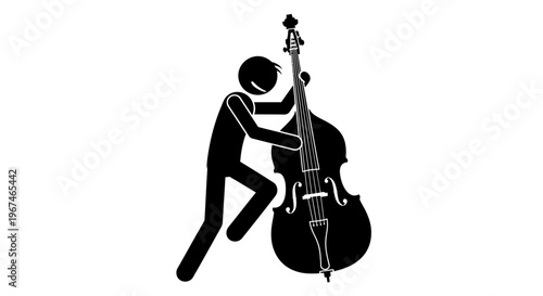 Stick Figure Musician Playing Upright Bass with Focused Expression on Isolated White Background