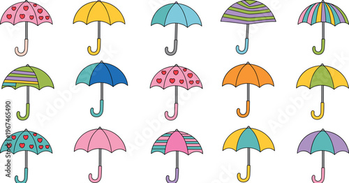 Set of 15 colorful cartoon umbrellas with fun patterns for kids design and weather illustrations