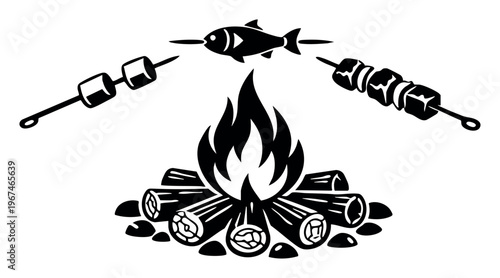 Campfire burning wood logs, cooking fish, meat, and marshmallows on long skewers. Outdoor grilling and picnic leisure food