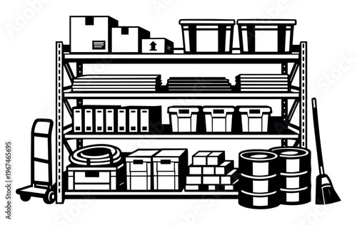 Warehouse shelving unit holding inventory, boxes, and bins, symbolizing storage, organization, logistics, and supply chain management