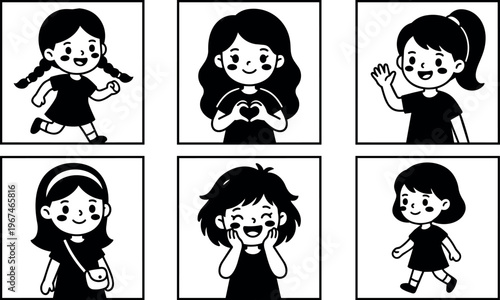 Six happy girls with varied hairstyles in square frames