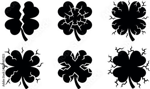 Black cracked four leaf clover vector art set with six variations