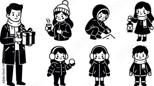 Black and white winter children with scarf holding gift lantern and snowball vector art