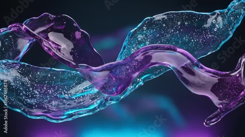 Abstract blue and purple liquid splashes with bubbles swirling against a dark background in a fluid motion