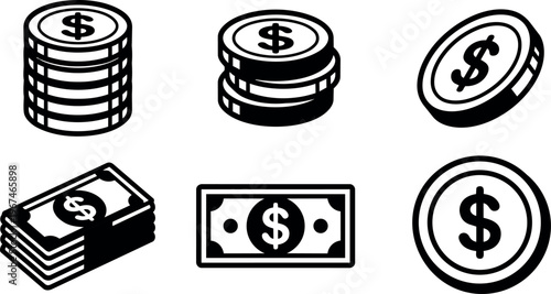 Dollar coin stacks and banknotes icons