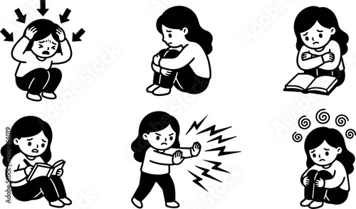 Black and white vector art girl showing emotions of stress frustration study and dizziness