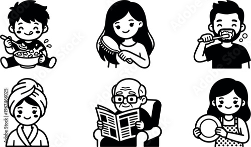 Six people doing daily activities including eating brushing and reading