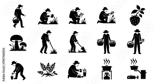 Black silhouette icons of people gardening and farming.