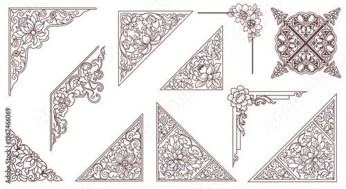 Collection of intricate traditional Asian style corner ornaments with geometric and floral patterns, isolated white background