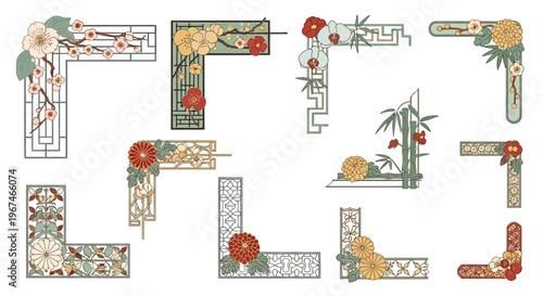 Set of colorful traditional Asian-inspired corner designs with floral and bamboo elements, isolated white background