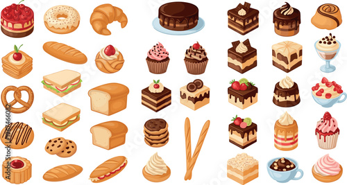 Delicious Collection of Cakes, Donuts, Pastries, Cookies, Muffins, and Desserts for Bakery, Sweets, and Snack Themes