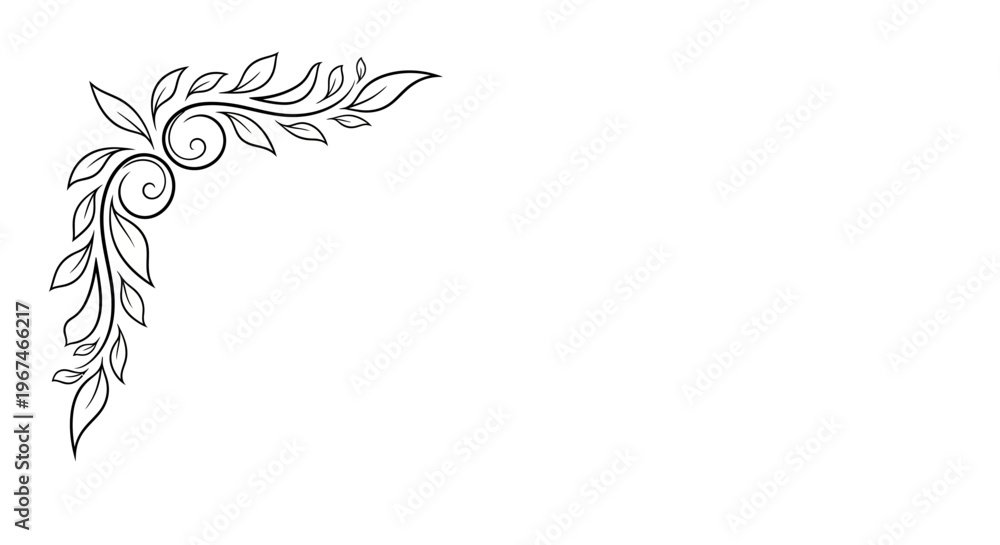 Fototapeta premium Simple Outlined Floral Corner Design with Leaves Isolated White Background