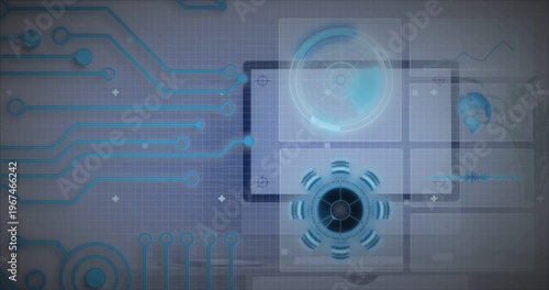 4-module HUD panel appearing on grid radar rotating fan spinning node moving aligning scanning tech