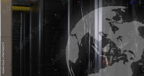 Globe overlay shifting, camera panning, racks revealing cables, LEDs flashing, showing connectivity