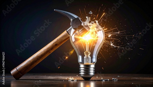 Hammer striking glowing light bulb, symbolizing breaking ideas, innovation disruption, creativity, problem solving, and transformation through forceful change and insight.