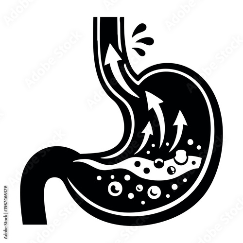 Stomach experiencing acid reflux, with gastric fluid bubbling and flowing back into the esophagus, representing heartburn concept