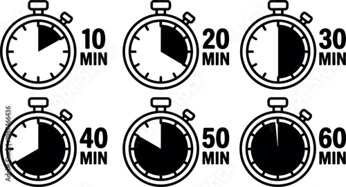 Black and white stopwatch icons showing ten to sixty minutes in flat design