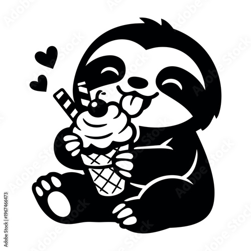 Sloth cartoon mascot happy and enjoying an ice cream cone with a cherry and wafer stick, hearts floating up
