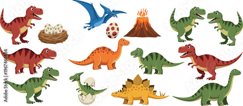 Dinosaur Illustration Set with T-Rex, Pterodactyl, Volcano, Eggs, and Different Prehistoric Creatures for Kids and Educational Designs
