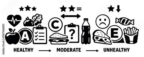 Nutrition ranking system showing food groups, icons, and star ratings to guide towards healthier eating habits