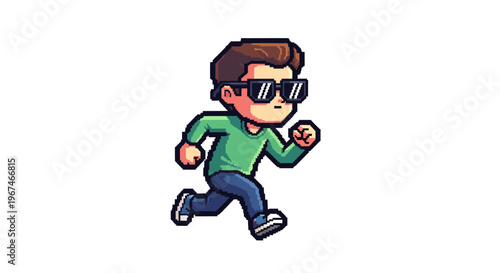 A cartoon man running quickly outside.