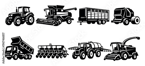 Farm vehicles and equipment icons in black and white, representing agricultural processes and modern farming technology