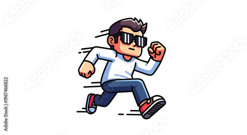 A cartoon man running quickly outside.