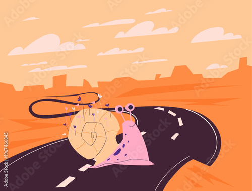 Cute snail walking on road