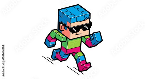 A colorful cartoon character in motion.