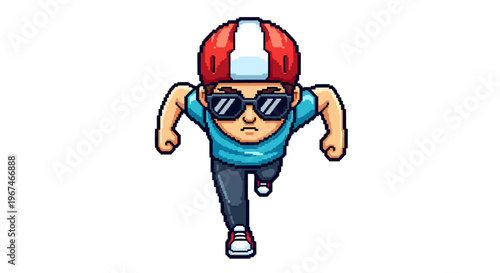 Cartoon character wearing helmet and sunglasses running.