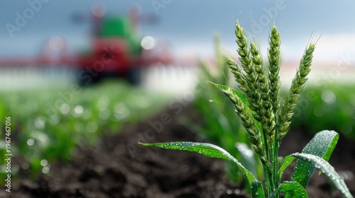 Close-up of wheat plants in field with red tractor in background