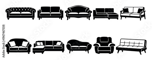 Collection of modern and classic sofas, couches, and armchairs, useful for furniture catalogs, interior design, and home decor