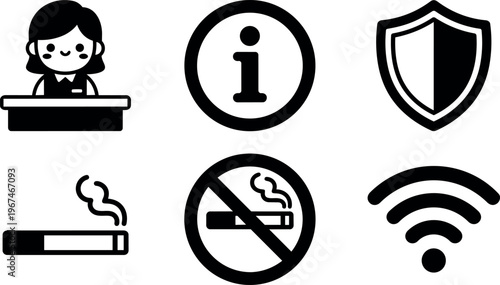 Black and white businesswoman info shield smoking no smoking wifi icons set