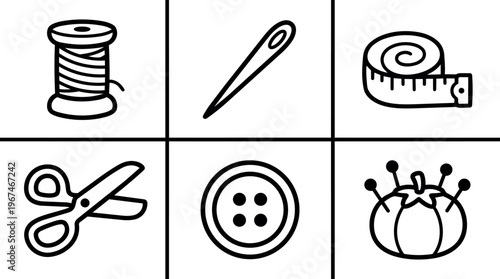 Black and white line art sewing tools spool needle scissors buttons and pincushion icons