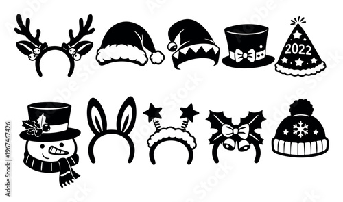 Collection of holiday headwear with santa hats, reindeer antlers, a snowman illustration, winter beanie, party hat, and festive headbands