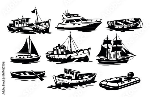 Collection of various watercraft illustrations, featuring fishing boats, modern yachts, classical sailing ships, dinghies, and rubber boats