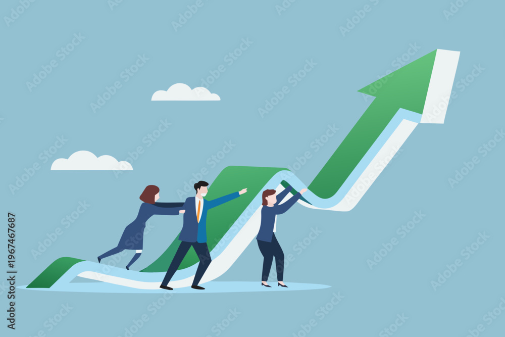 Fototapeta premium Teamwork propelling a growth arrow upwards symbolizing business success
