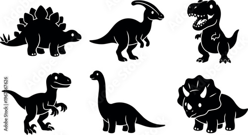 Black silhouette vector art of six different dinosaur species