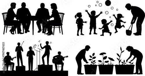 Family gathering silhouettes, children playing, musicians performing, gardening activities, teamwork, community lifestyle scenes, social interaction, daily life, people collection illustration