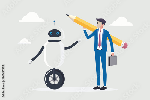 A businessman and a robot collaborate symbolizing the future of work