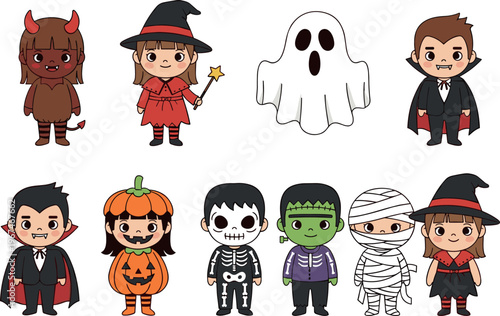 Halloween Costume Set with Children in Devil, Witch, Ghost, Vampire, Pumpkin, Skeleton, Mummy, and Frankenstein Outfits for Halloween and Party Designs