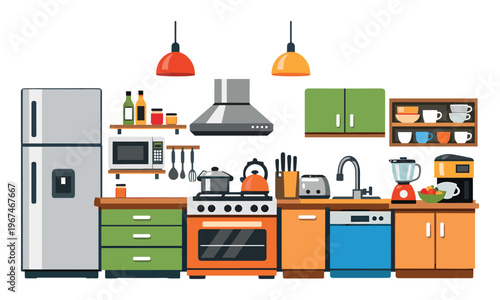 Kitchen interior designing, showing cooking area with various appliances, cabinets, and utensils