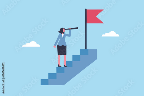 A businesswoman climbs stairs looking through binoculars at a red flag