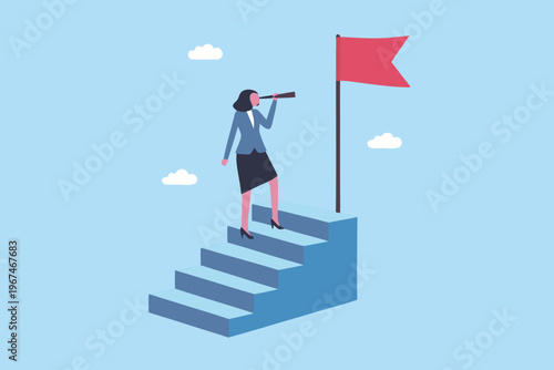A businesswoman climbs stairs using binoculars to observe a red flag