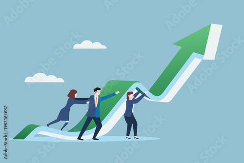 Teamwork propelling a growth arrow upwards symbolizing business success