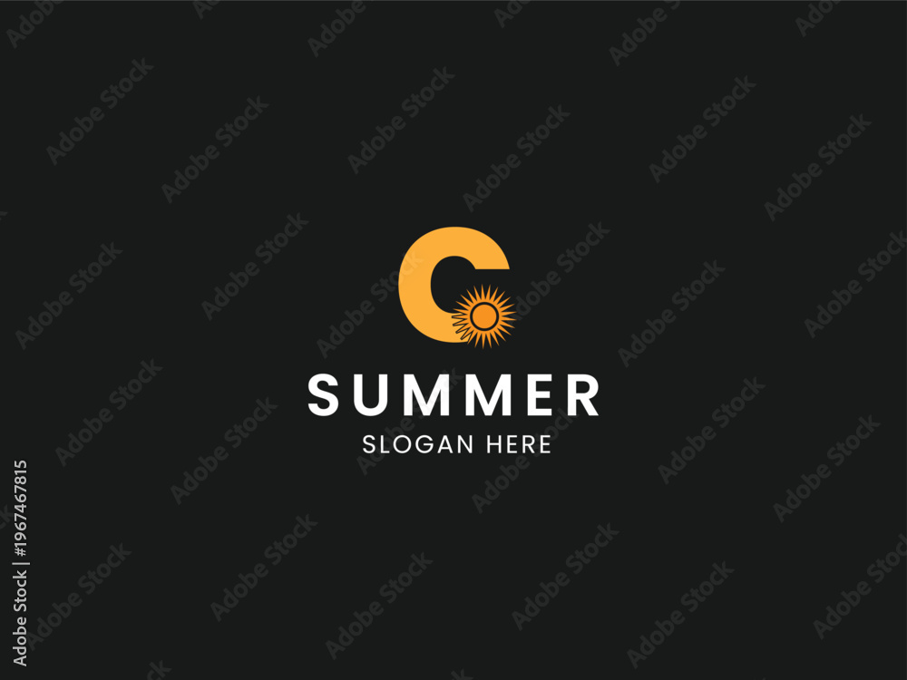 Fototapeta premium Summer logo template with sun and letter C, Seasonal branding concept vector illustration