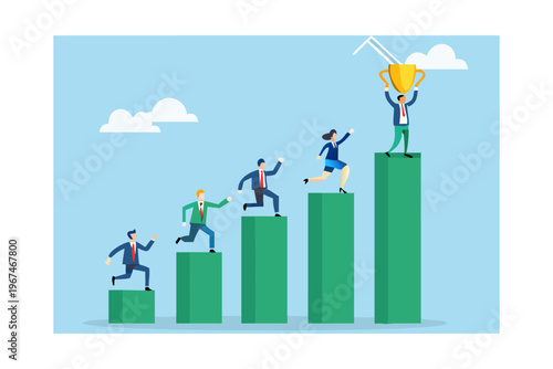 Businesspeople ascending green steps toward a golden trophy in the sky