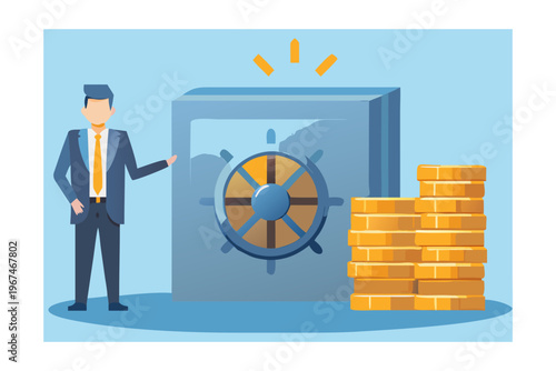 Man presenting an open bank vault with stacks of gold coins